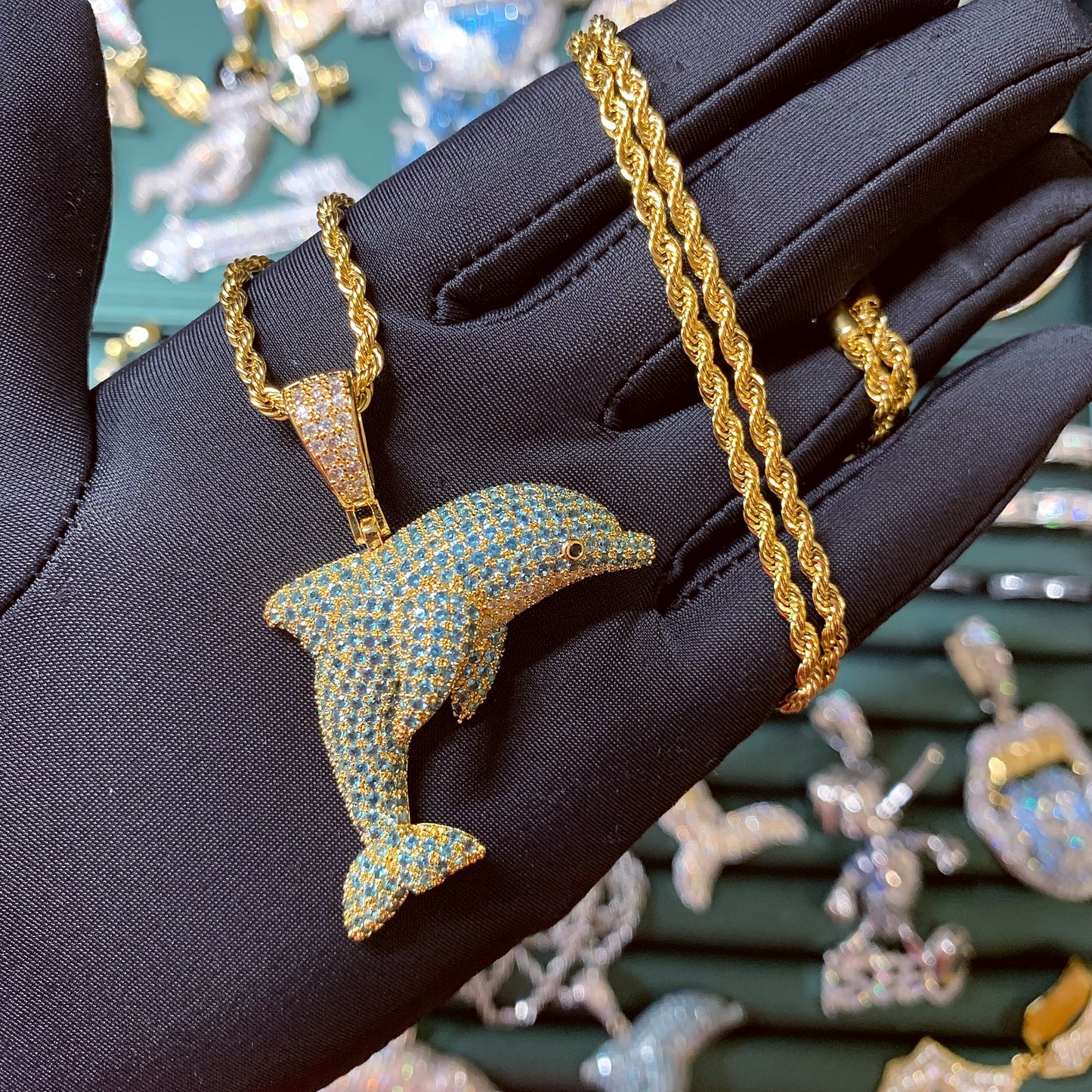 Iced Out Jumping Lovely Dolphin Pendant Necklace