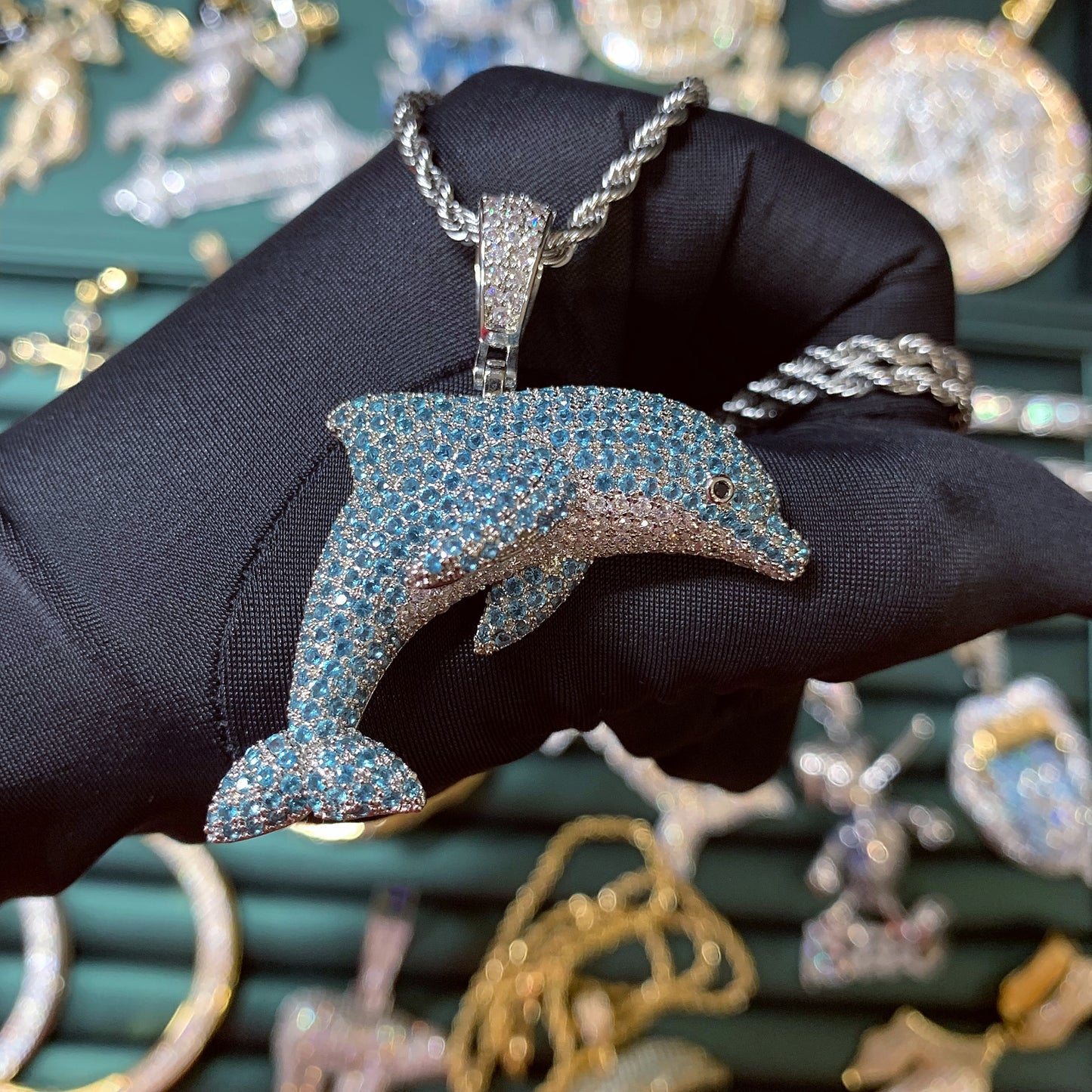 Iced Out Jumping Lovely Dolphin Pendant Necklace