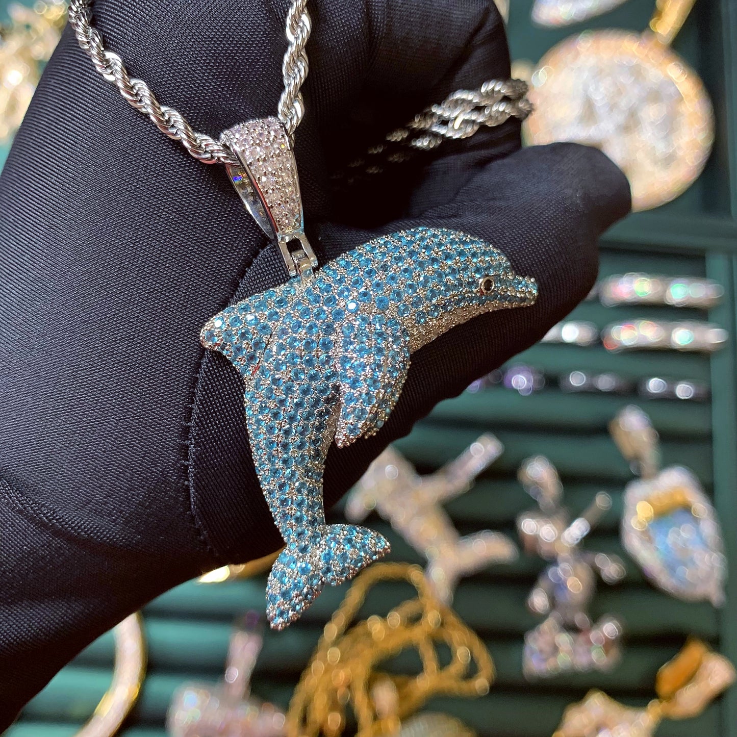 Iced Out Jumping Lovely Dolphin Pendant Necklace