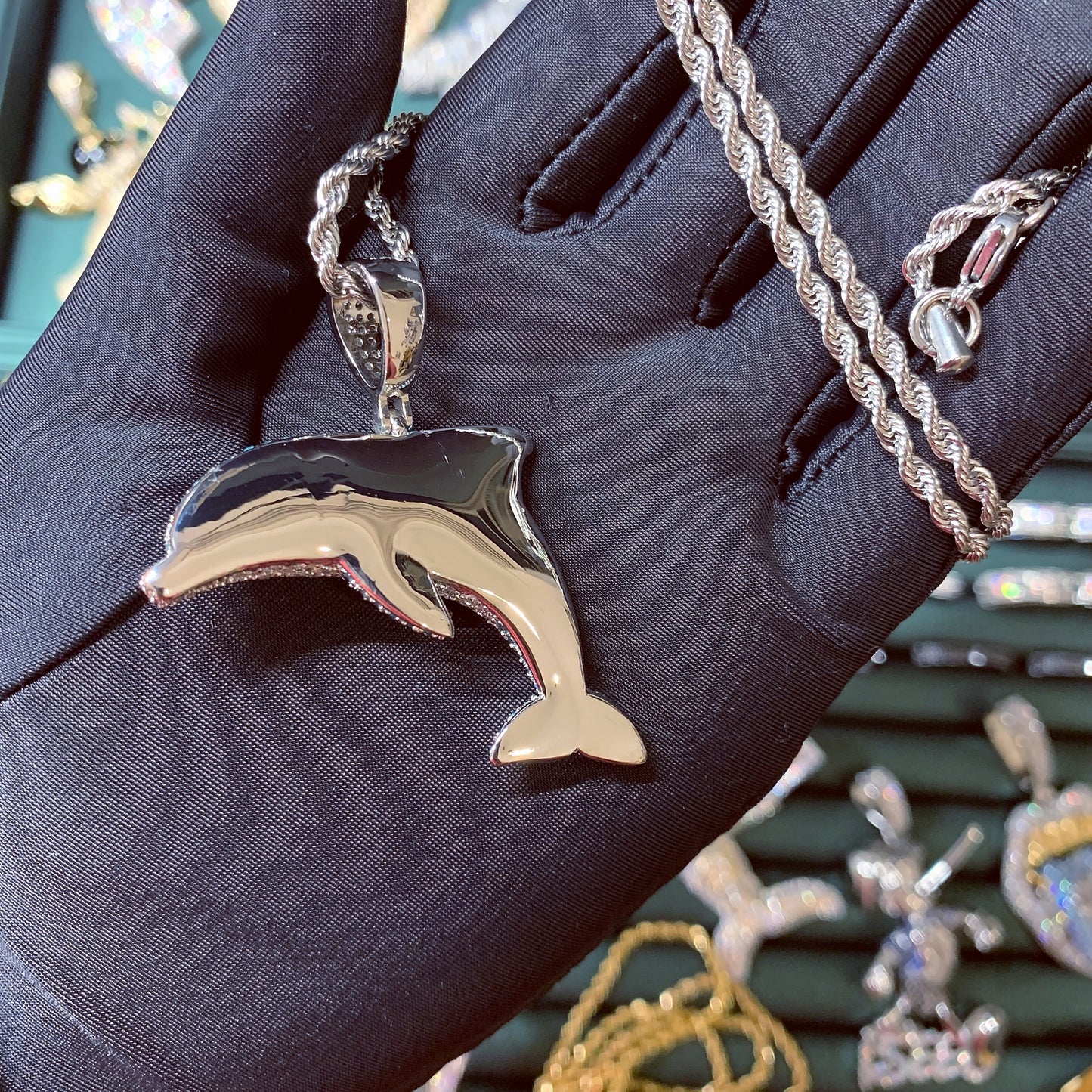 Iced Out Jumping Lovely Dolphin Pendant Necklace