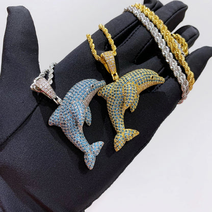 Iced Out Jumping Lovely Dolphin Pendant Necklace