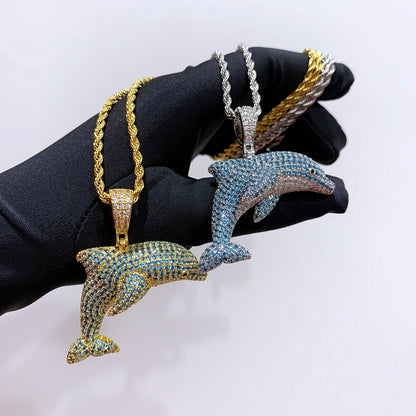 Iced Out Jumping Lovely Dolphin Pendant Necklace