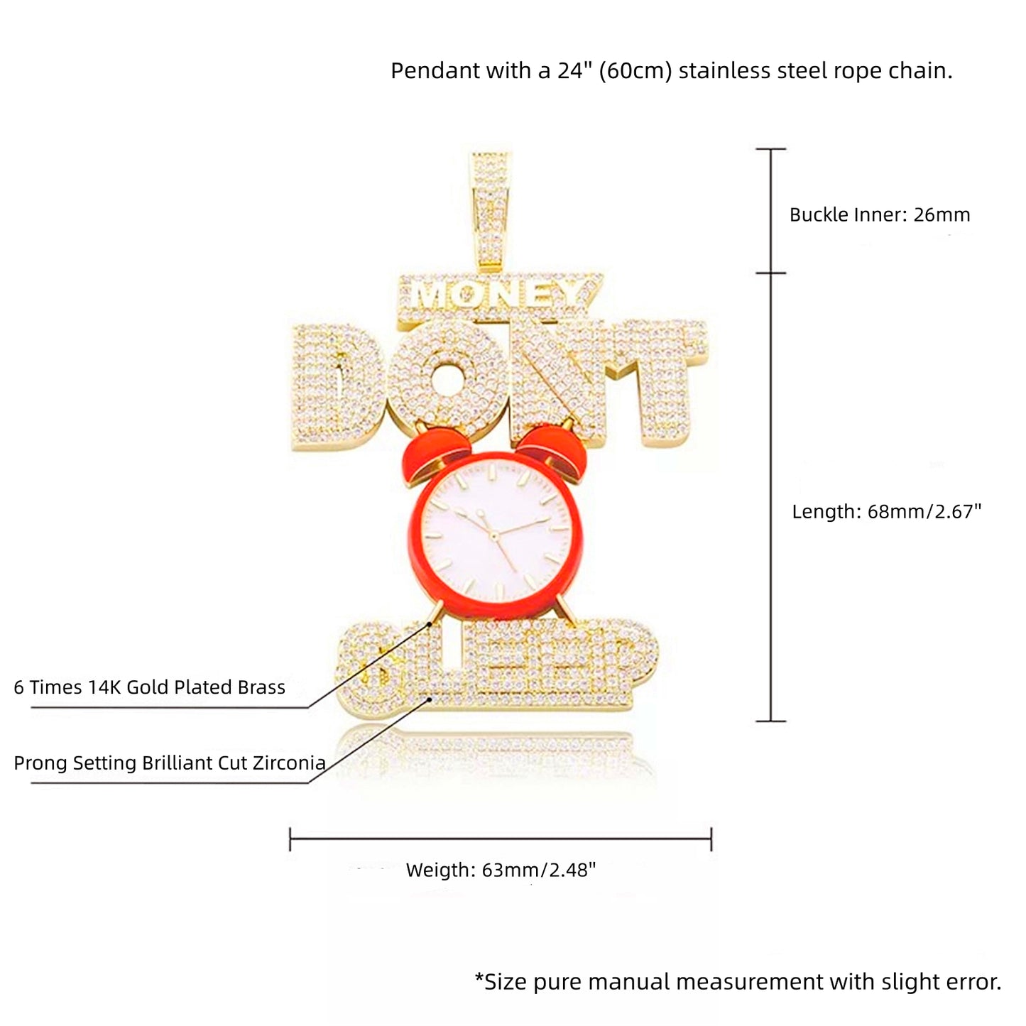 Iced Out Big Red Clock-Money Don't Sleep Excitation Pendant Necklace