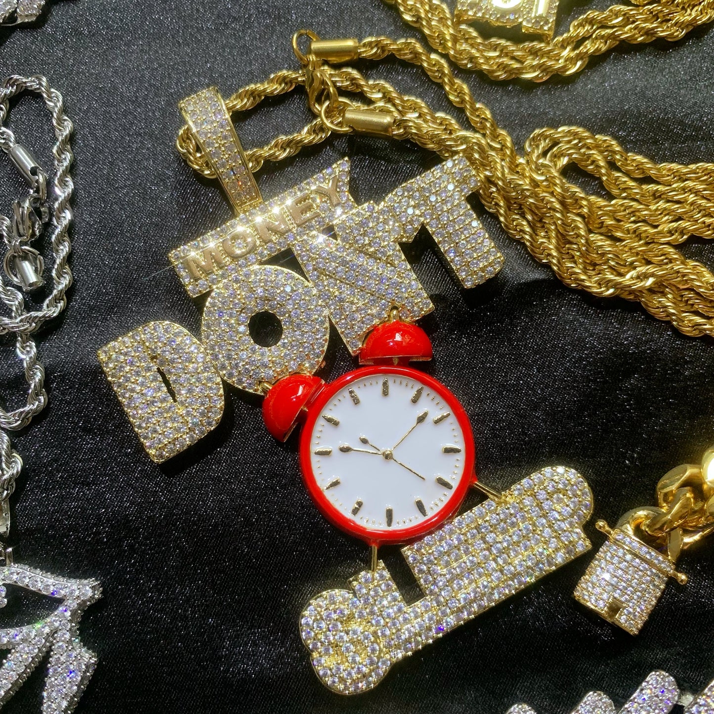 Iced Out Big Red Clock-Money Don't Sleep Excitation Pendant Necklace