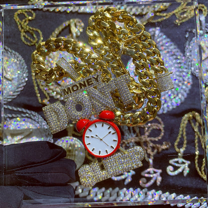 Iced Out Big Red Clock-Money Don't Sleep Excitation Pendant Necklace