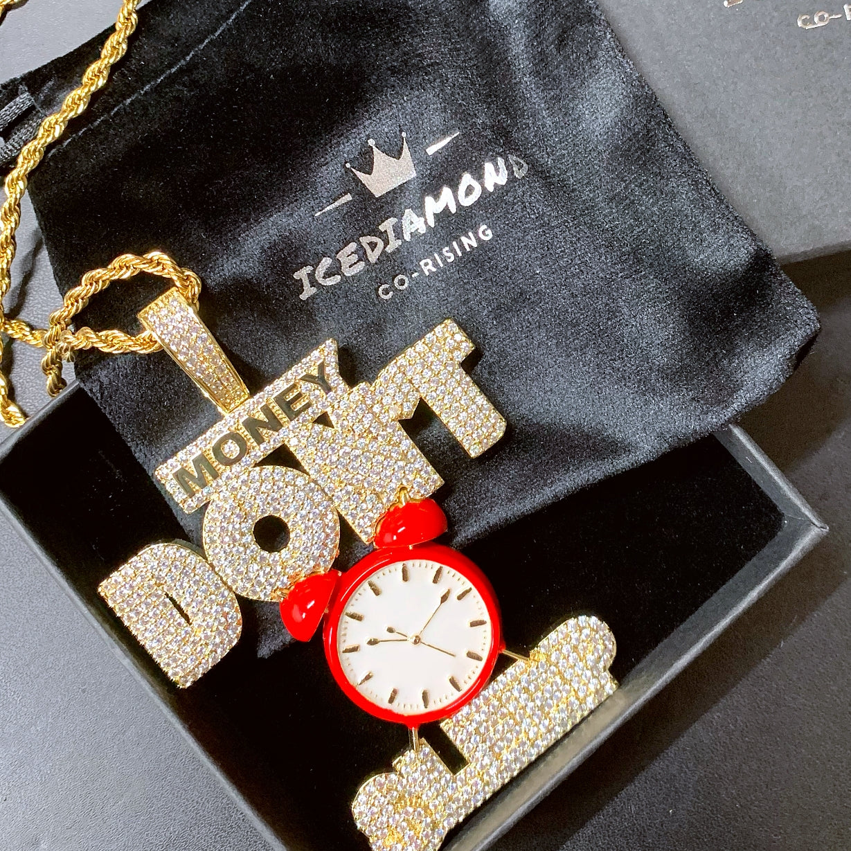 Iced Out Big Red Clock-Money Don't Sleep Excitation Pendant Necklace