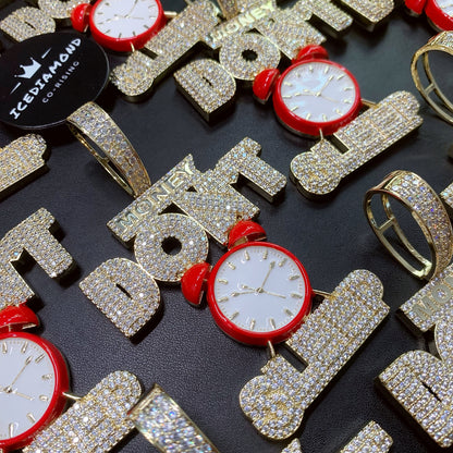 Iced Out Big Red Clock-Money Don't Sleep Excitation Pendant Necklace