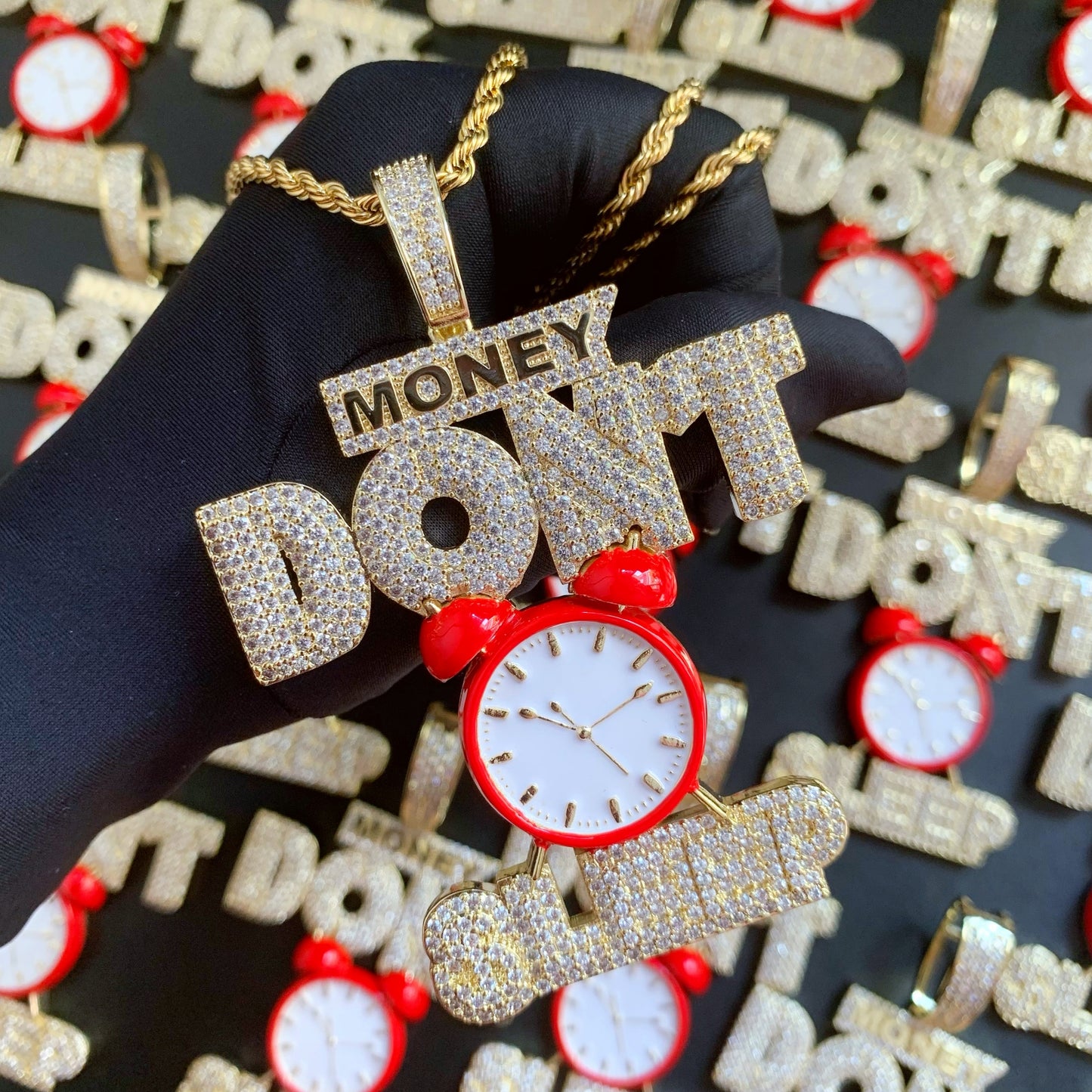 Iced Out Big Red Clock-Money Don't Sleep Excitation Pendant Necklace