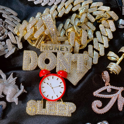 Iced Out Big Red Clock-Money Don't Sleep Excitation Pendant Necklace