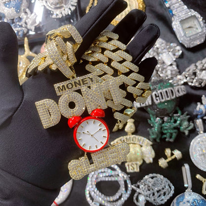 Iced Out Big Red Clock-Money Don't Sleep Excitation Pendant Necklace