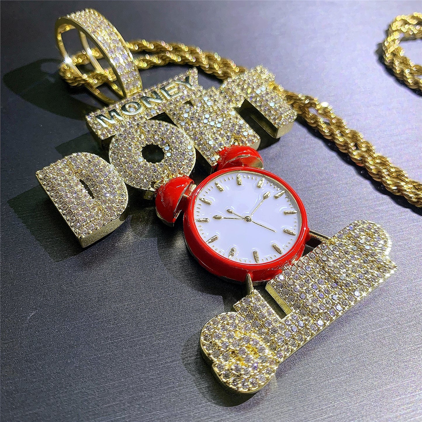 Iced Out Big Red Clock-Money Don't Sleep Excitation Pendant Necklace