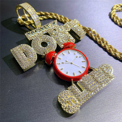 Iced Out Big Red Clock-Money Don't Sleep Excitation Pendant Necklace