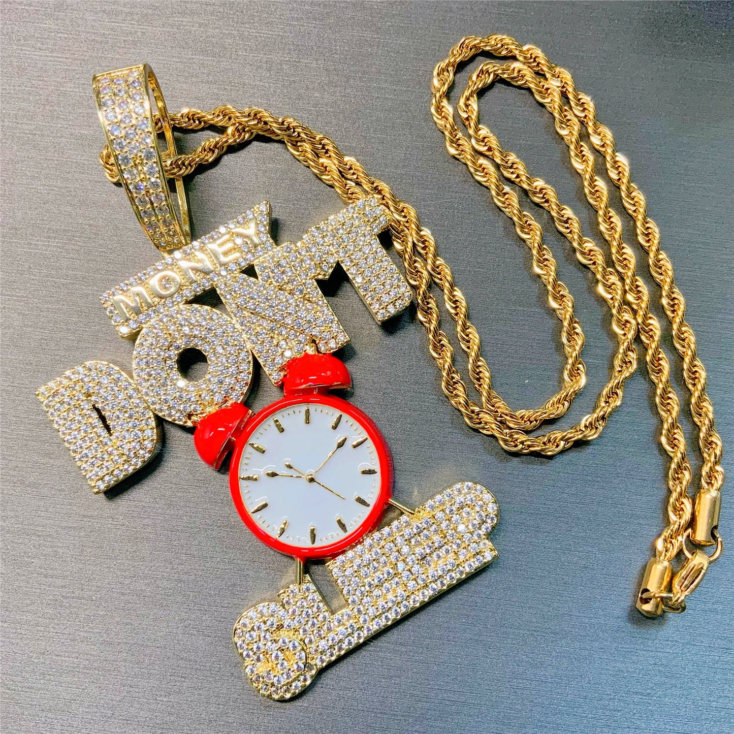 Iced Out Big Red Clock-Money Don't Sleep Excitation Pendant Necklace