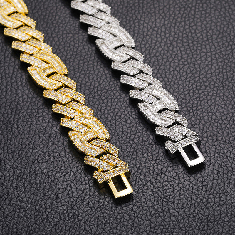 ICEDIAMOND 15mm Baguette CZ Diamond Dual-D Ring Mixed Cuban Link Chain Necklace, 18K Gold Plated Iced Out Bright Zirconia Stones Hip Hop Charm Jewelry for Men Women