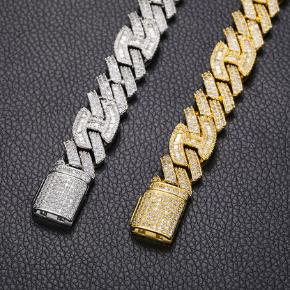 ICEDIAMOND 15mm Baguette CZ Diamond Dual-D Ring Mixed Cuban Link Chain Necklace, 18K Gold Plated Iced Out Bright Zirconia Stones Hip Hop Charm Jewelry for Men Women