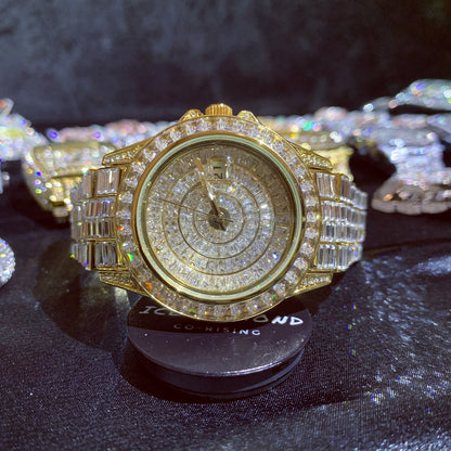 42MM Iced Out Baguette CZ Diamonds Calendar Wrist Watch