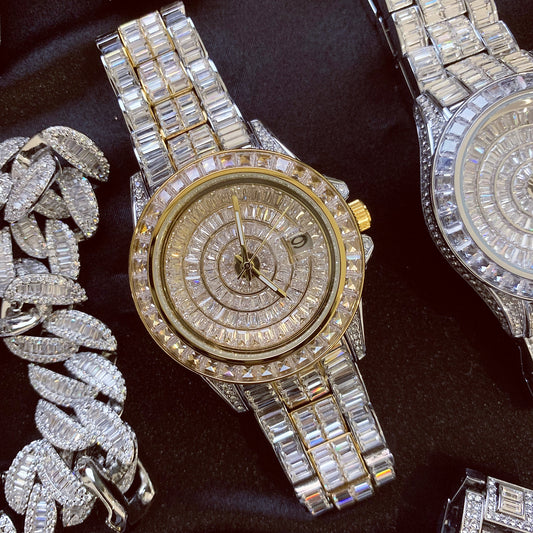 42MM Iced Out Baguette CZ Diamonds Calendar Wrist Watch