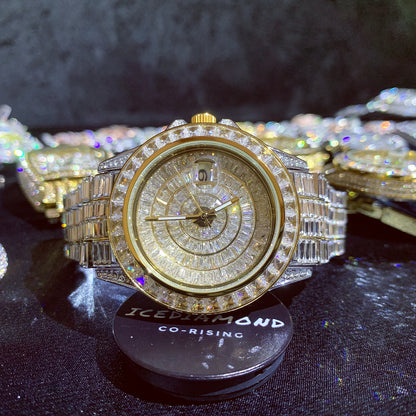 42MM Iced Out Baguette CZ Diamonds Calendar Wrist Watch