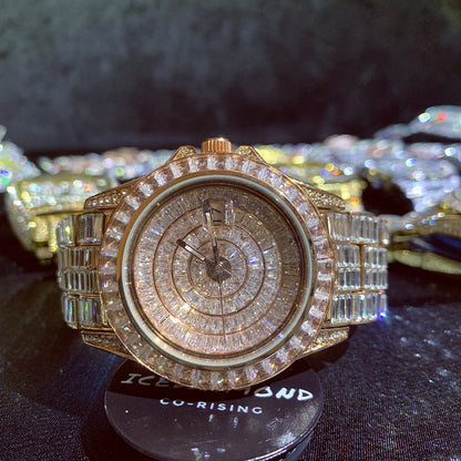 42MM Iced Out Baguette CZ Diamonds Calendar Wrist Watch