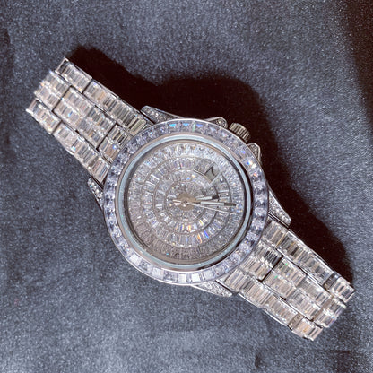 42MM Iced Out Baguette CZ Diamonds Calendar Wrist Watch